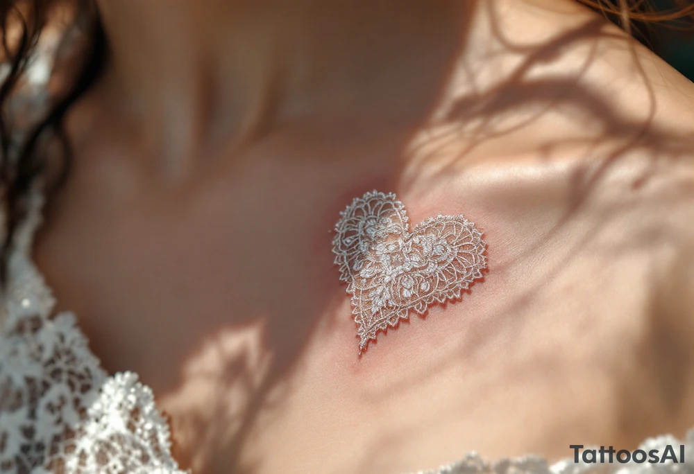 A delicate lace heart, embroidered in shimmering silver, casting soft shadows on the skin for a realistic fabric effect. tattoo idea