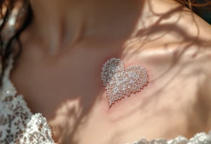 A delicate lace heart, embroidered in shimmering silver, casting soft shadows on the skin for a realistic fabric effect. tattoo idea