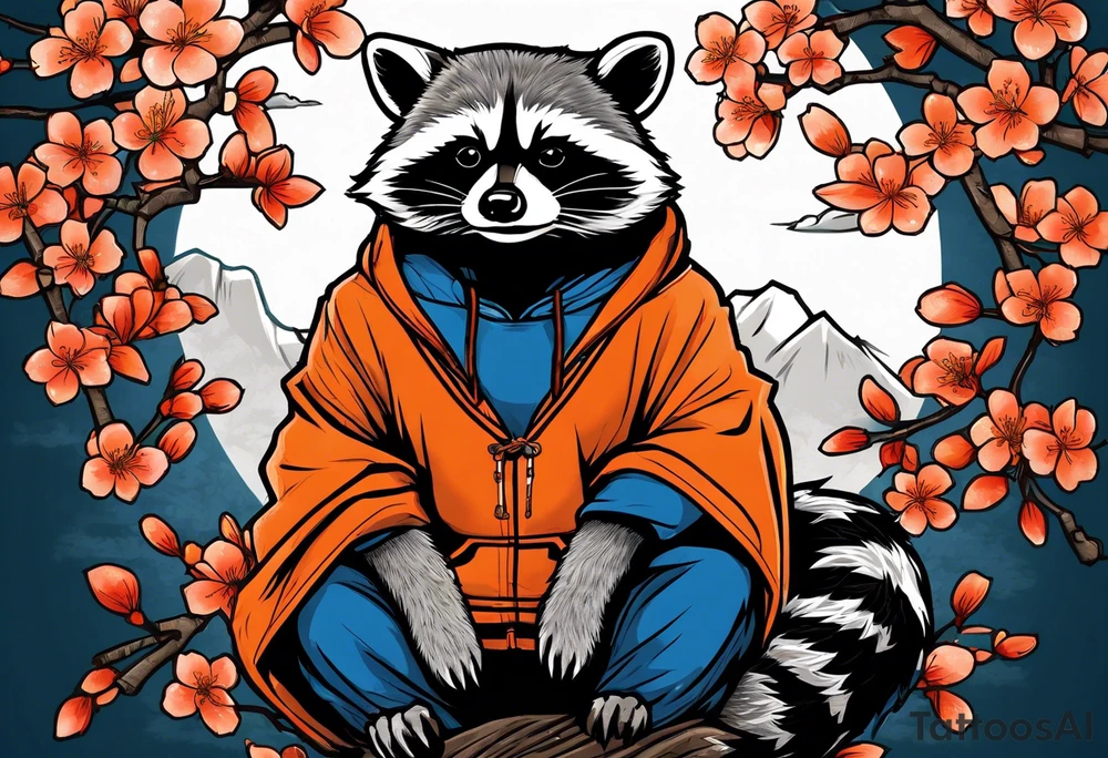 raccoon wearing a Superman hoodie with orange Japanese cherry blossoms tattoo idea