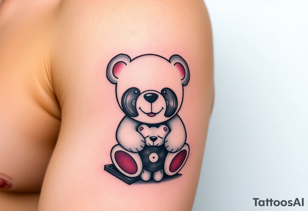 minimalist teddy bear with vinyl records as eyes smiling and sitting on a record tattoo idea