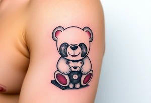 minimalist teddy bear with vinyl records as eyes smiling and sitting on a record tattoo idea