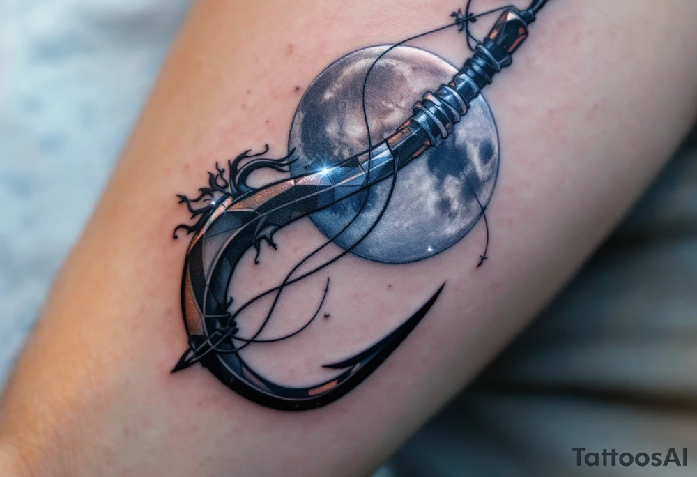 Fishing Hook with Moon – A dark black hook with a glowing full moon behind it, in shades of light gray and blue, representing the quiet solitude of fishing at night. tattoo idea