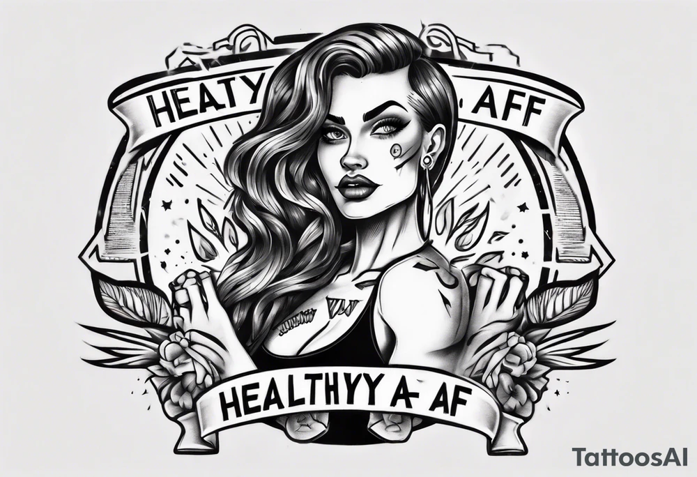 Strong tattooed woman with the words healthy AF in a banner tattoo idea
