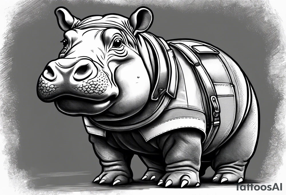 Baby hippo wearing overalls and holding a gun tattoo idea
