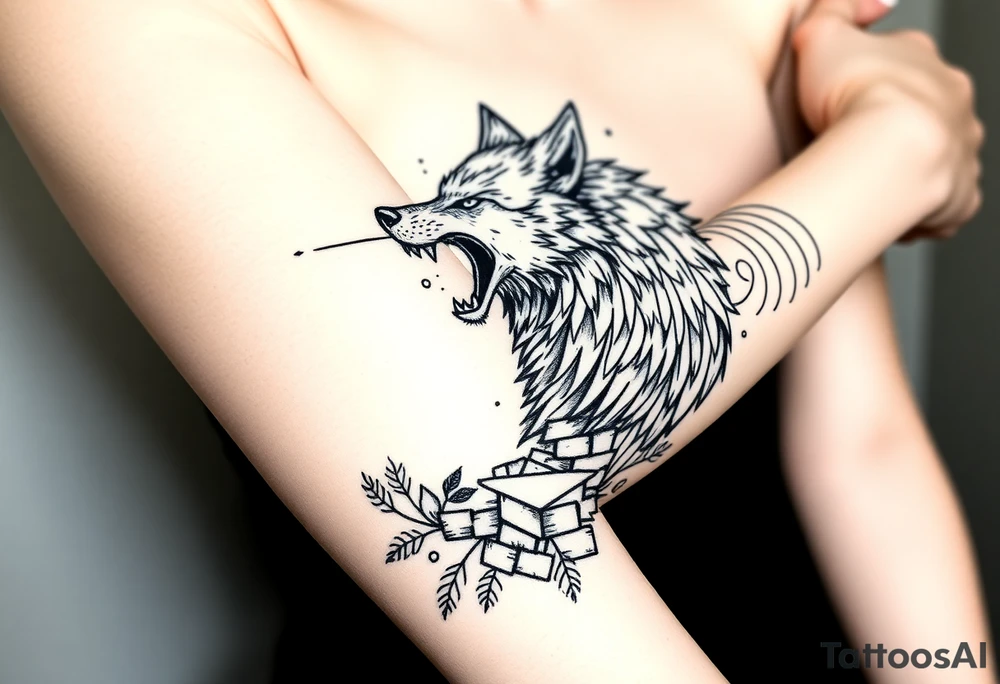 Big bad wolf  blowing down   a brick house tattoo idea