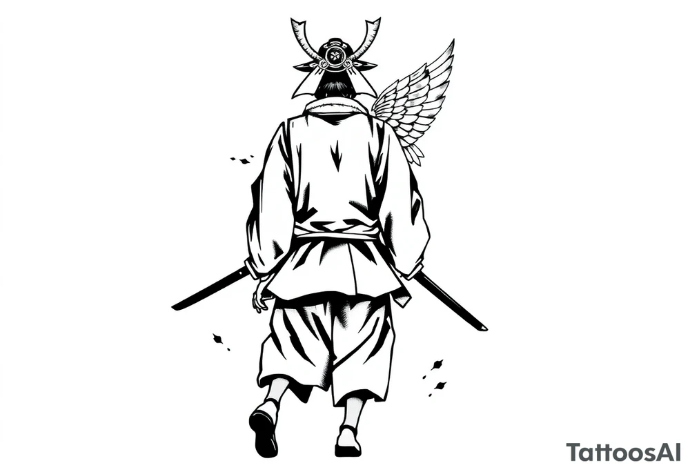 A blackwork tattoo depicting a samurai walking forward from behind. The samurai is dressed in a traditional kimono and hakama, holding two long katanas in a relaxed yet combat-ready stance. A small angel with detailed feathered wings is pushing him from behind. Strong contrast, dynamic ink splashes, sumi-e brushstrokes, a minimalist white background, dramatic lighting, an emotional and symbolic composition, and highly detailed linework. tattoo idea