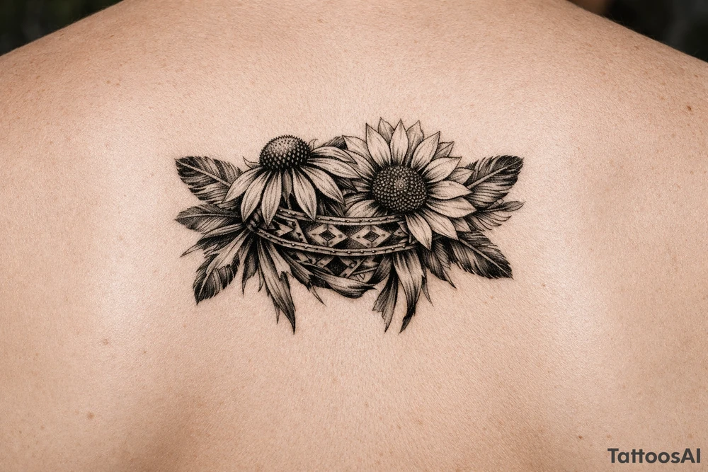 Coneflower and sunflower with feathers and female Indian headband ribboned through tattoo idea