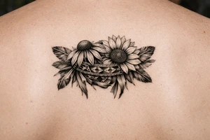 Coneflower and sunflower with feathers and female Indian headband ribboned through tattoo idea