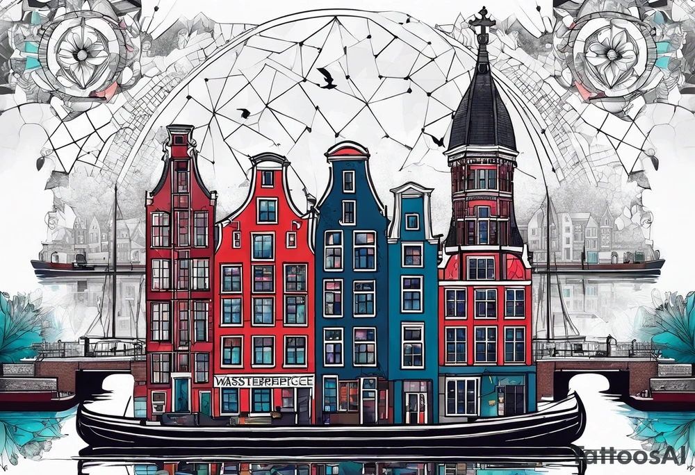 Tattoo of amsterdam buildings and canal featuring glass, wolf and stag in galaxy colours tattoo idea