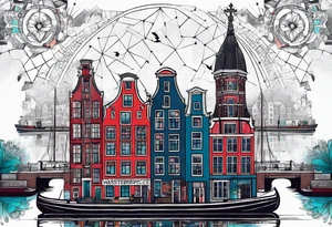 Tattoo of amsterdam buildings and canal featuring glass, wolf and stag in galaxy colours tattoo idea