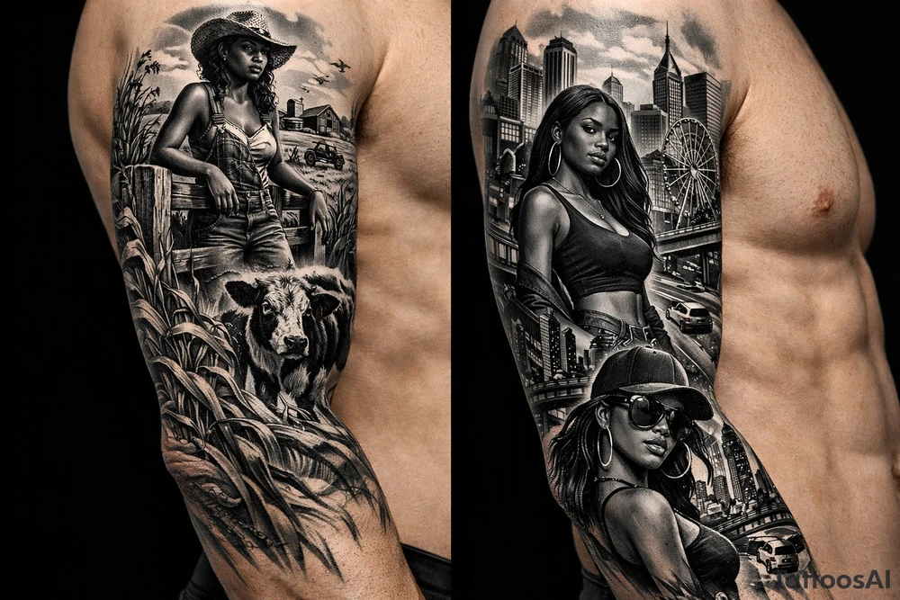 Black Country Mas presenting Girl from farmlands of North Florida to Black Mas presenting City girl of Metro Atlanta on a leg sleeve tattoo idea
