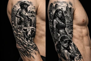 Black Country Mas presenting Girl from farmlands of North Florida to Black Mas presenting City girl of Metro Atlanta on a leg sleeve tattoo idea
