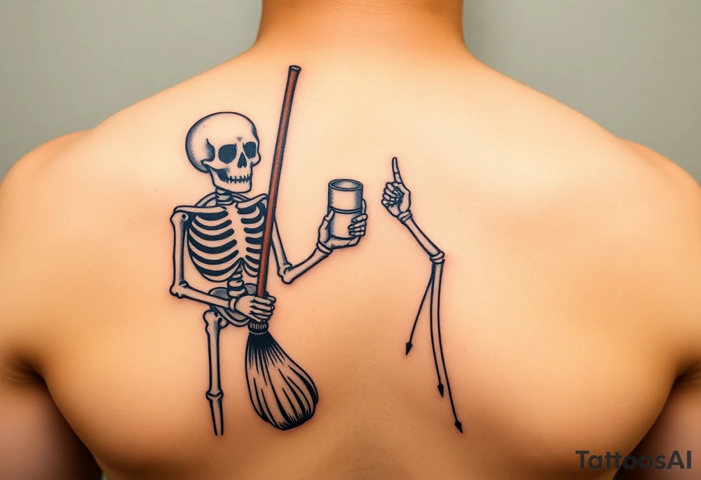 two skelletons as broom with cylinder and bride each holding one wedding ring in hand tattoo idea