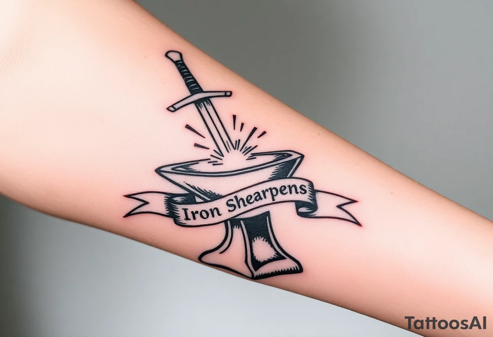 Black ink tattoo sketch of a sword striking an anvil with sparks flying. Banner wrapped around the sword reading “Iron Sharpens Iron.” Forearm tattoo design, bold outlines, no color, hand-drawn sketch style. tattoo idea