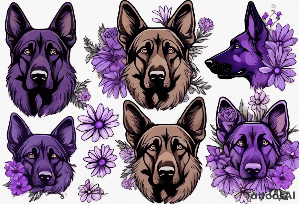 Dark Brown German shepherd portrait surrounded by purple daisies tattoo idea
