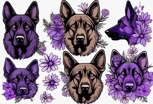 Dark Brown German shepherd portrait surrounded by purple daisies tattoo idea