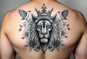powerful majestic lion with a crown, surrounded by floral ornaments and birds tattoo idea