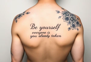 A back forearm that has vines and roses with the saying be yourself everyone else is already taken tattoo idea