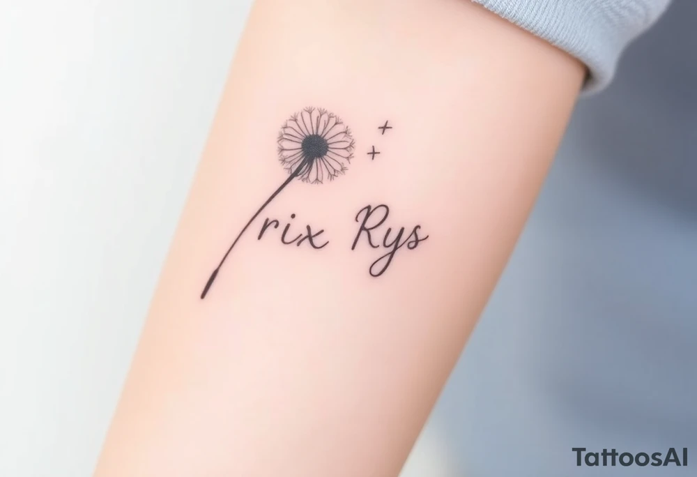 Rix Rys Ari realistic watercolor This image features a delicate dandelion tattoo on a person’s skin, with fine lines and soft shading. The dandelion’s stem extends from the bottom left corner, leading to the detailed flower head, which appears to be dispersing its seeds. The seeds are shown floating away in a natural, wind-swept motion, symbolizing freedom, change, and new beginnings.

The tattoo has a subtle watercolor effect with a gentle pinkish hue around the base of the dandelion, adding depth and softness to the design. The fine-line work gives it a refined and elegant look. tattoo idea