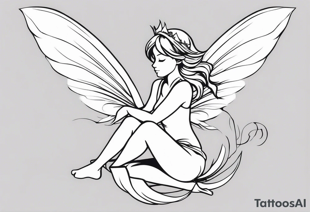 Minimalistic, monochromatic fairy with a tail flying to the left in a fetal position, leaning and looking in the same direction, with visible hands, embodying the 'Fairy Tail' logo aesthetic. tattoo idea