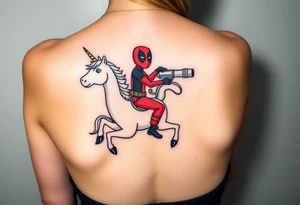 Deadpool riding unicorn pointing rocket propelled grenade launcher tattoo idea