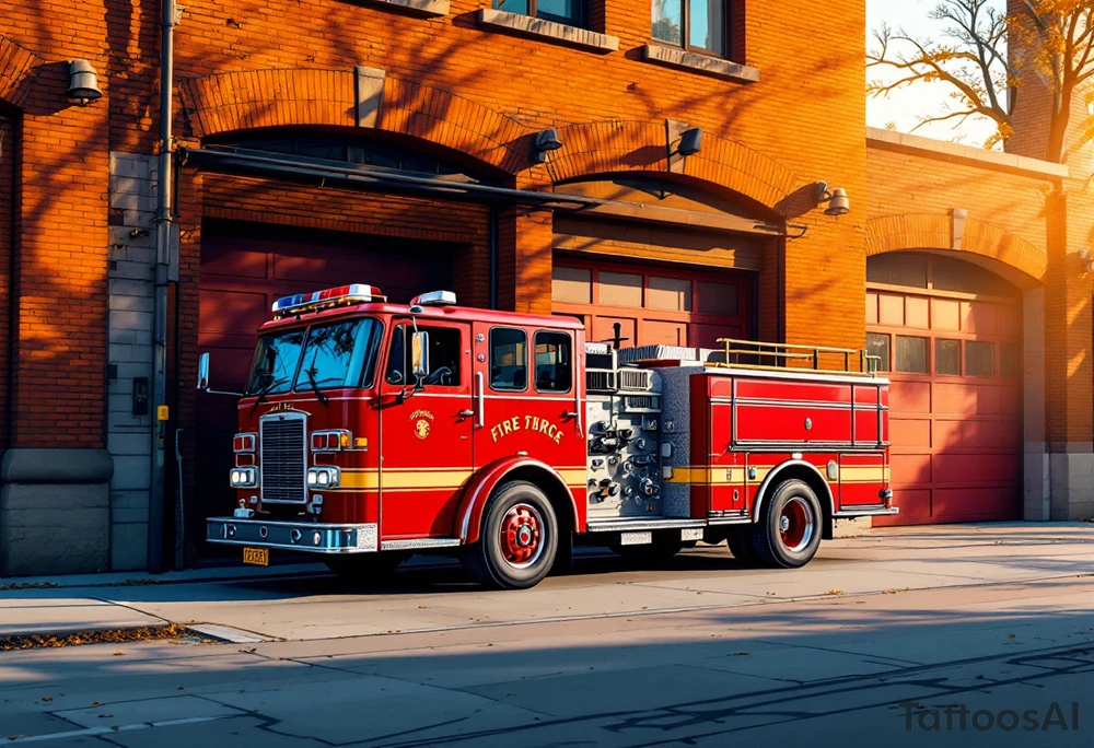 A fire station with an old-school red fire truck parked in front, with warm brick textures and golden sunlight casting long shadows. tattoo idea