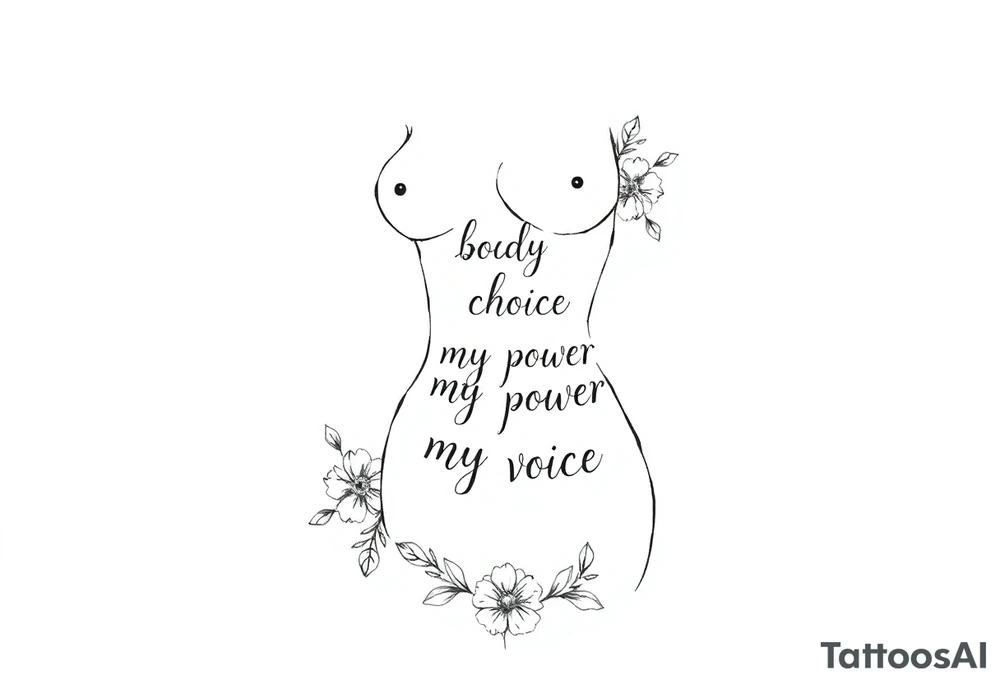 My body my choice my power my voice inside the outline of a Curvy tattooed woman's body with a floral frame around it tattoo idea