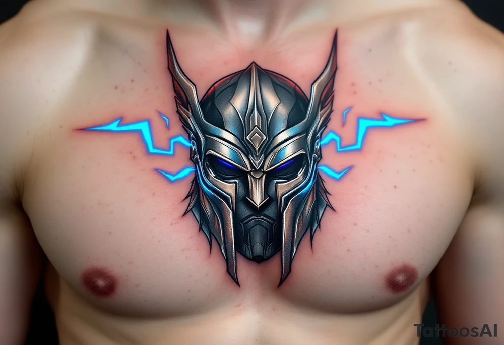 A stylized Thor helmet tattoo, metallic and battle-worn, with bright blue lightning bolts surrounding it, in silver, grey, and electric blue. tattoo idea