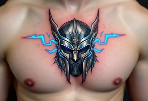 A stylized Thor helmet tattoo, metallic and battle-worn, with bright blue lightning bolts surrounding it, in silver, grey, and electric blue. tattoo idea