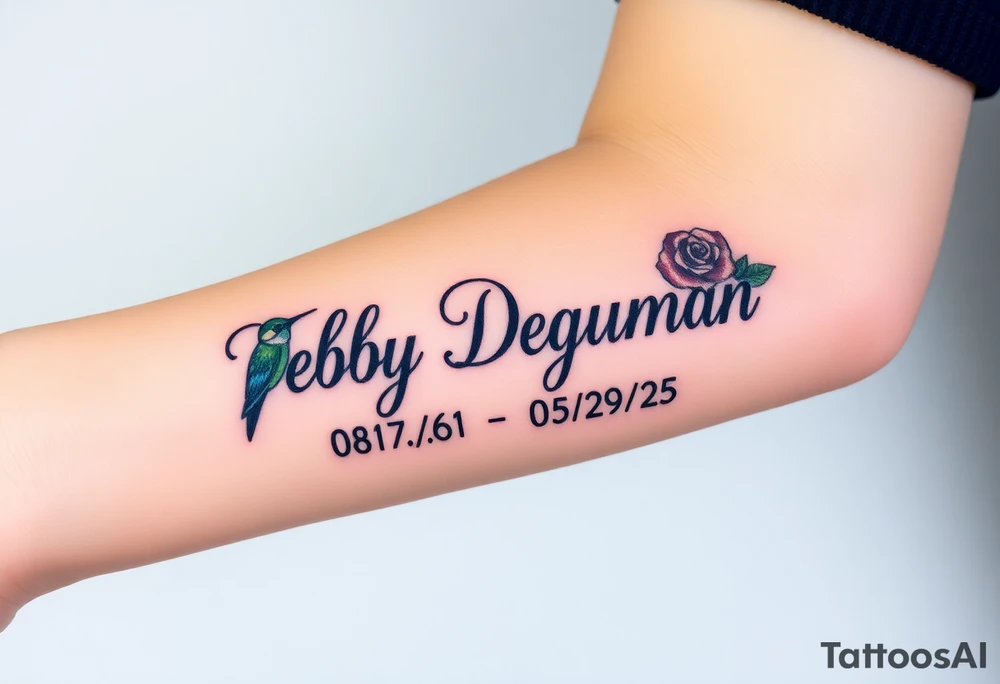Tattoo of the exact name Debby Deguzman in chunky bold curly cursive with the exact dates of 08/17/61-05/29/25 surrounded by 1 hummingbird and 1 rose tattoo idea