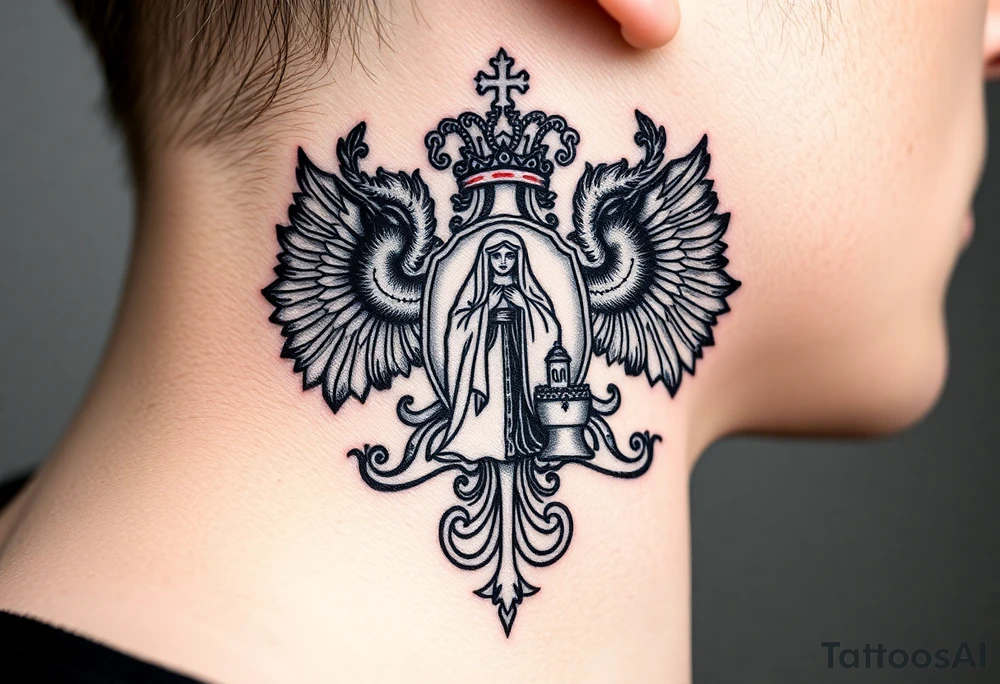 Traditional authentic Russian coat of arms with a Christian orthodox virgin marry in the middle and silhouette in a Russian wilderness Christian orthodoxy village setting tattoo idea