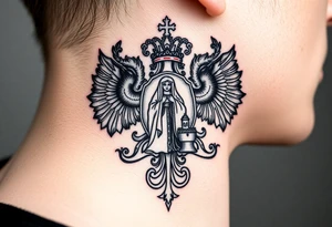 Traditional authentic Russian coat of arms with a Christian orthodox virgin marry in the middle and silhouette in a Russian wilderness Christian orthodoxy village setting tattoo idea