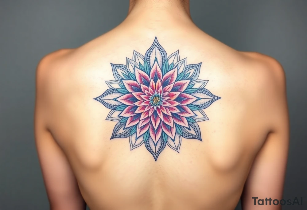Long back mandala with a dahlia tattoo idea