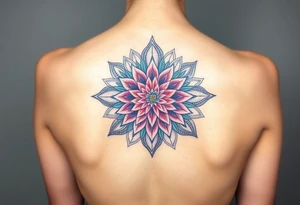 Long back mandala with a dahlia tattoo idea