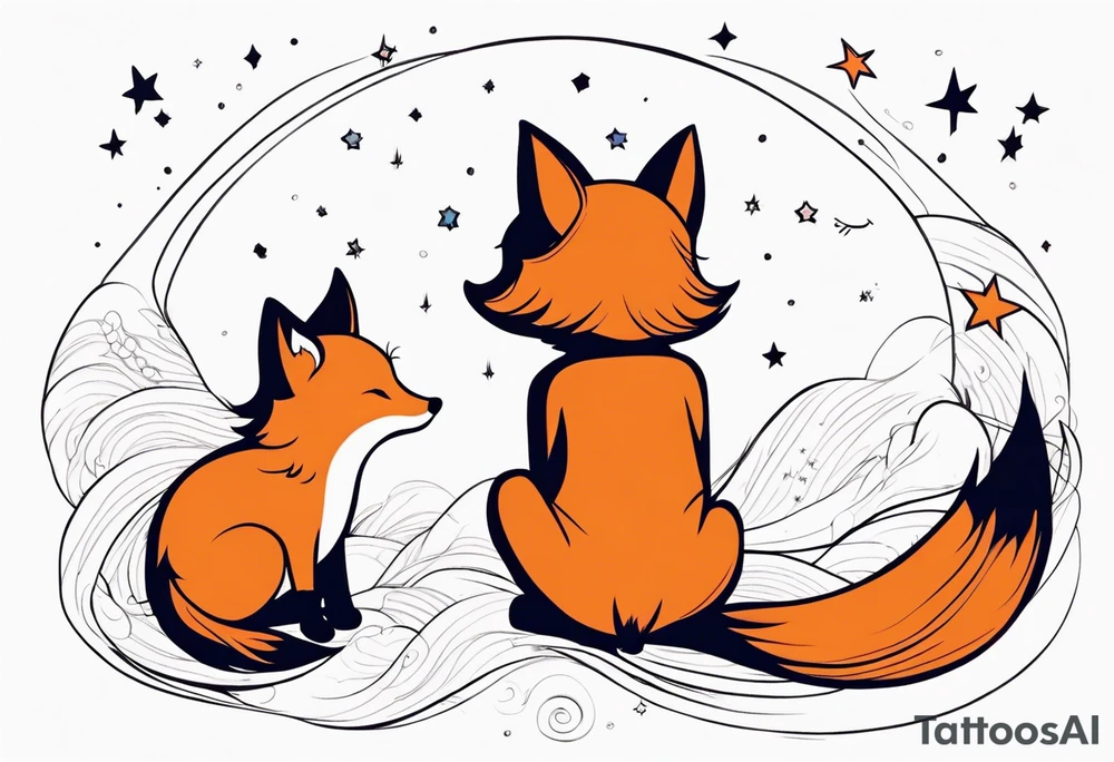 A little girl and a little fox looking at the stars, we see them from behind tattoo idea