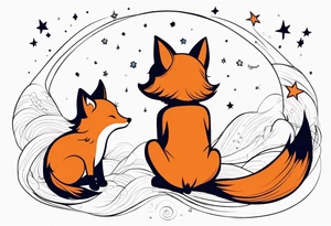 A little girl and a little fox looking at the stars, we see them from behind tattoo idea