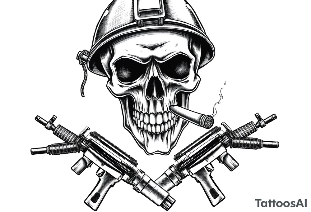 A stoic skull in a military helmet, cigar burning, flanked by crossed assault rifles and grenades. tattoo idea