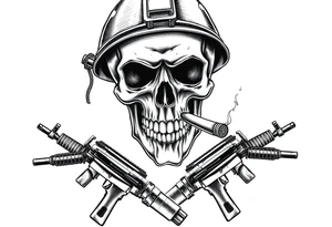 A stoic skull in a military helmet, cigar burning, flanked by crossed assault rifles and grenades. tattoo idea