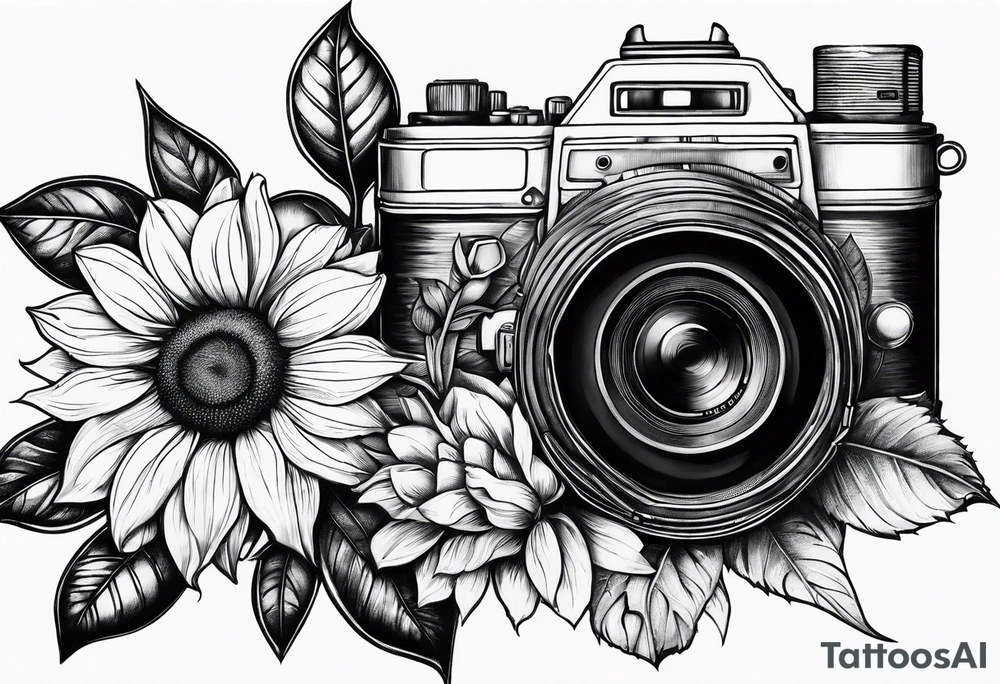 sunflower, camera, flower rose , book tattoo idea