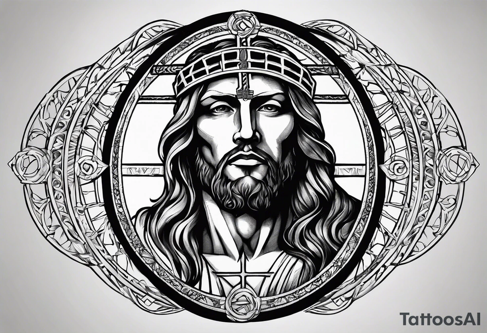 Circle made with Roman numerals, with a crucified man inside the circle tattoo idea