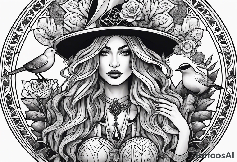 witch woman with gypsy and dove symbols, honoring the sacred feminine. mushroom, marijuana, uterus and witchcraft symbols tattoo idea