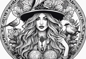 witch woman with gypsy and dove symbols, honoring the sacred feminine. mushroom, marijuana, uterus and witchcraft symbols tattoo idea