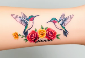 Beautiful majestic hummingbirds, surrounded by yellow, red and purple roses with the name Gianna tattoo idea