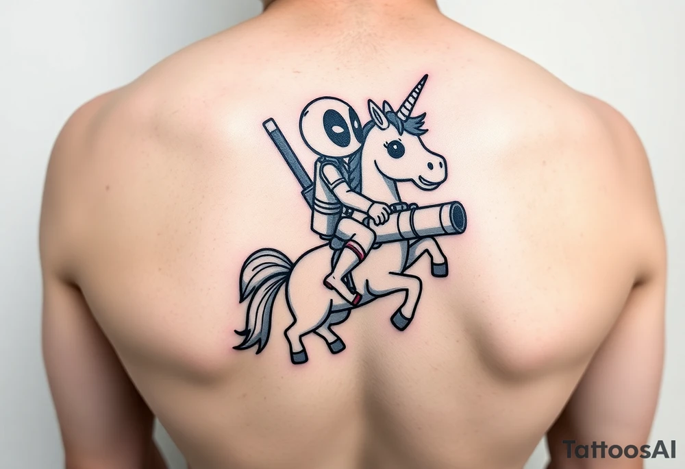 Deadpool riding cartoon unicorn holding rocket propelled grenade launcher tattoo idea