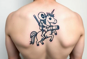 Deadpool riding cartoon unicorn holding rocket propelled grenade launcher tattoo idea