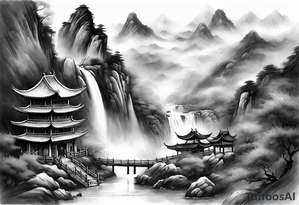 forearm sleeve traditional chinese art painting Chinese temple two old men wearing robes and drinking tea mountains mist fog waterfall tattoo idea