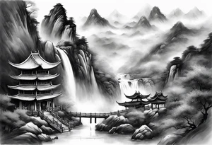 forearm sleeve traditional chinese art painting Chinese temple two old men wearing robes and drinking tea mountains mist fog waterfall tattoo idea