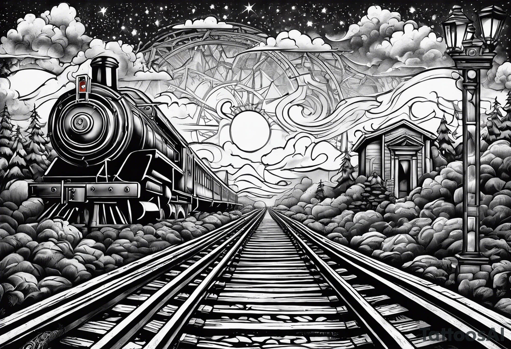 Bell, Maze, Train tracks, North Star, Graveyard, Utopia, Mask, Eternal, Rewind, Tightrope tattoo idea