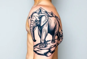 A mother and a baby elephant walking down a mountain trail with the ocean below tattoo idea