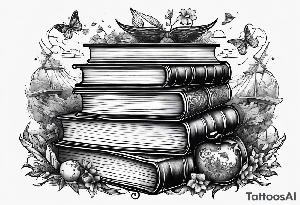 Stack of books surrounded by fantasy elements tattoo idea